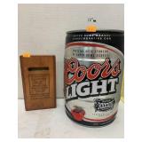 Coors Empty Super Bowl Pony Keg, wooden Box