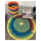 Large frisbee and Slinky and book