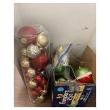 Box of Holiday Decor, Ornaments, Tins, Glass