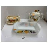 Fire King dish, gravy boat, teapot