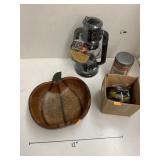Lantern, pumpkin bowl, candle, glass ornament