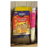 Large pen, bear and school books?, misc