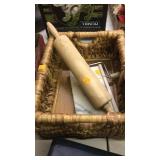 Square basket.  Rolling pin.  Cheese slicer/board