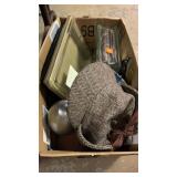 Box of lamp, hat, tray, misc
