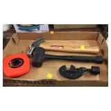 Hammers, pipe cutter, tape measurer