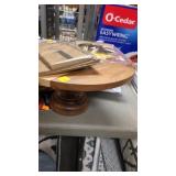 Wood cake stand (needs repair) + wine and cheese