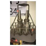 2 Vntg Glass Oil Fill Bottles & Wire Carrying Rack