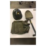 Military lot. Helmet. Field bag.  Shovel.