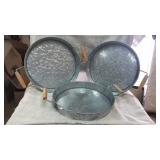 Lot of 3 galvanized trays w/ wood handles. 12.5"