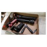 Misc Lot of Flashlights, Toy Tractor, Leather,