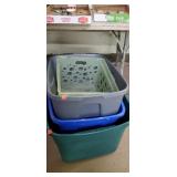 3 totes  with no lids and a crate