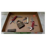 Flat of Pocket Knives and Vintage Lock