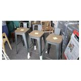 Set of Three Metal Barstools with Wooden Seats