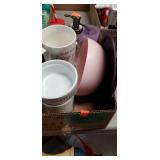 Flat of mugs, soap pump, bowl...etc