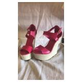 FRH Size 8.5. Hot pink high wedge sandals.
