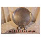 PEWTER (?) TRAY AND TOWLE PEWTER BUD VASES