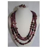 3 STRAND DARK ROSE BEADED NECKLACE/EARRING SET