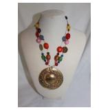 GREEN/ORANGE/PINK MEDALLION NECKLACE