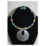 BLUE/BROWN AND SILVER MEDALLION NECKLACE SET