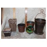 LOT OF SMALL PLANTERS AND GAZING BALL