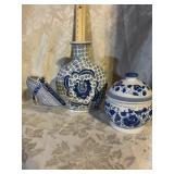 BLUE AND WHITE SHOE, VASE AND COVERED BOWL