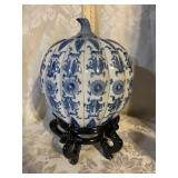 LARGE BLUE/WHITE PUMPKIN ON STAND - PORCELAIN