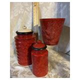 2 DEARTIS RED POTTERY CANISTERS & RED PLANTER