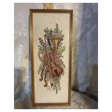 VINTAGE FRAMED CROSS STICHED VIOLIN/HORN