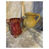 LOT - CLAY PITCHER AND METAL DECOR