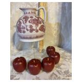 PORCELAIN PITCHER AND WOOD APPLES