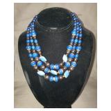 VINTAGE 3 STRAND BLUE/BLACK BEAD NECKLACE