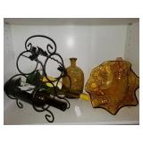 WINE RACK, AMBER BOTTLE, AMBER RUFFLED BOWL