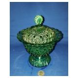 VINTAGE EMERALD GREEN COVERED CANDY DISH