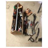 Wooden tool box with tools.