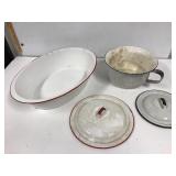 Enamel ware tub and chamber pot.