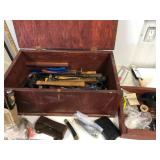 Wood tool box with tools.