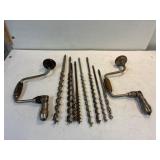 Brace hand drills and long auger bits.