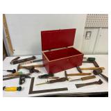 Wood tool box with tools.