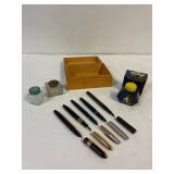 Fountain pens. Ink bottles.