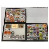 3 Riker boxes of toy show buttons, show pins and