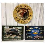 Ford & Chevy modern tin signs; Exxon cardboard