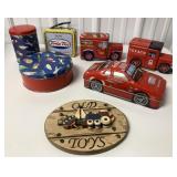 advertising tins, etc. plus "Old Toys" plaque