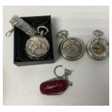 3 pocket watches and a keyring pocket knife