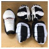 Misc. Hockey Gear. 2 prs. Gloves, 3 shin guards