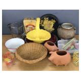 Collectors lot, wicker basket, glass, etc