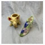 Pig planter and glass shoe