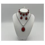 Coral Red necklace, bracelet, earrings set