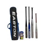 Easton baseball bat bag, bats, softballs