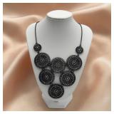 Black open lace rhinestone medallion necklace