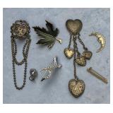 6 brooches- rhinestone, brass etc